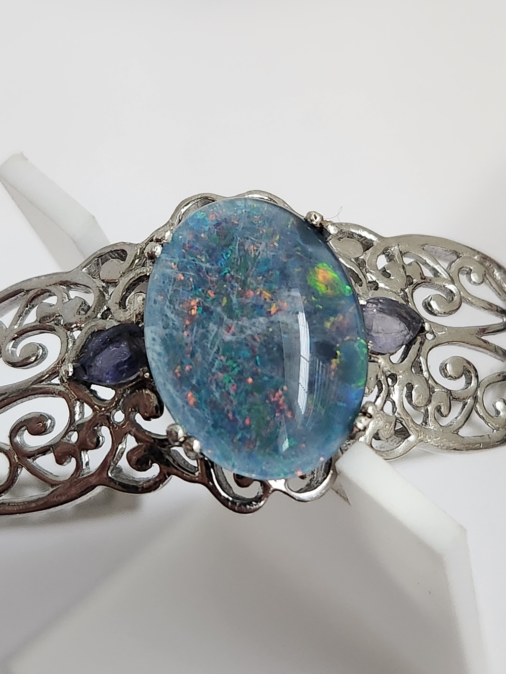 VTG Large Natural Opal & Amethyst 925 Filigree Cuff Btacelet - Picture 12 of 16